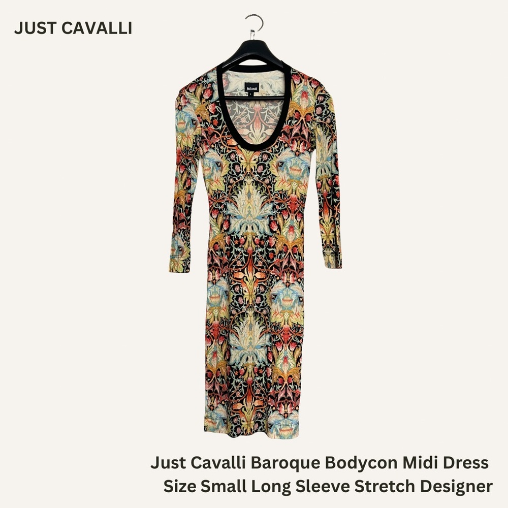 Just Cavalli Small Women’s Long Sleeve Bodycon Midi Dress Baroque Stretch
